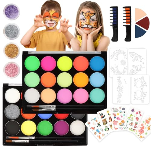 Kinderschminke Set, 15 Farben Schminkfarben Schminkpalette, Theaterschminke set mit Haarkamm, Dreieckiger Puderquaste, Schminkschablone, Tattoo-Aufklebern, Glitzer für Kinder und Erwachsene