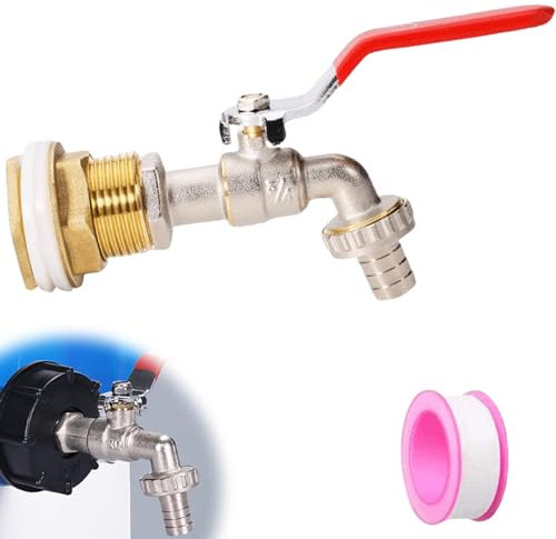 Kugelauslaufhahn, 3/4 Zoll Wasserhahn aus Messing rost mit Gratis Schlauchanschluss und PTFE Band, Regentonnendurchführung mit Auslaufhahn für Regentonne, Wassertanks, Zisternen, Fässer