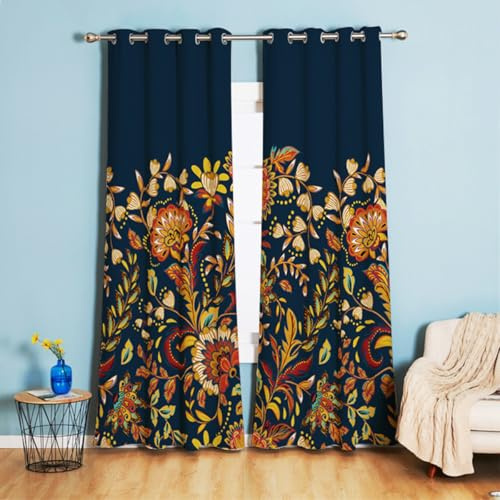 Tokusyou Set med 2 ogenomsnkilgna och mörkläggande gardiner - Vintage blommönster - Med öglor - För landsbygdshus - Skydd mot kyla - Marinblå - För fönster, vardagsrum - 240 x 132 cm (H x B)