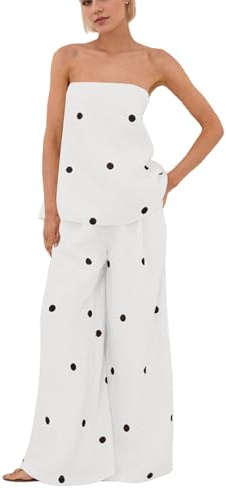 calbatic Conjunto de 2 piezas para mujer, diseño de lunares, sin tirantes, parte superior de tubo, cintura alta, pantalones de pierna ancha, conjunto de chándal de verano, Blanco, M