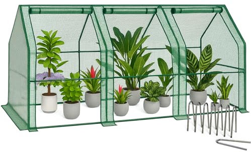 VOUNOT ® Mini Serre de Jardin à Toit Pointu avec 3 fenêtres avec Zip enroulables Bâche PE renforcée 135g/m2 pour semis Plantes Fleurs légumes 270x90x90cm Vert