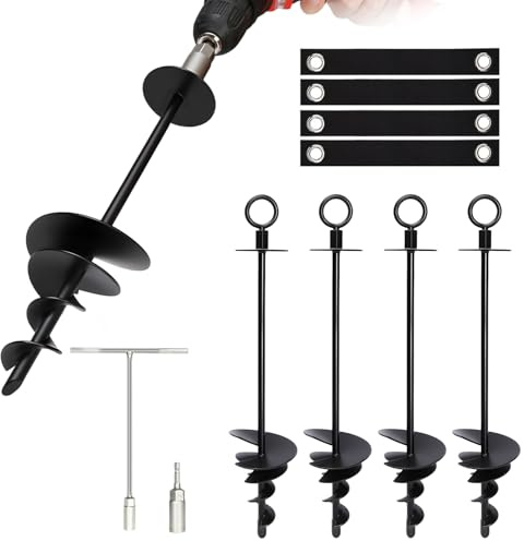 4 Pack Heavy Duty Trampoline Stakes with Nut Driver, Screw in Ground Anchor