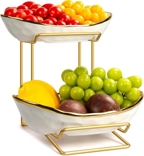 MEESOGA Alzata per frutta a 2 piani in ceramica con supporto in metallo, moderna ciotola per snack e frutta, per cucina e tavolo da pranzo, supporto per frutta, snack, caramelle, salvaspazio e