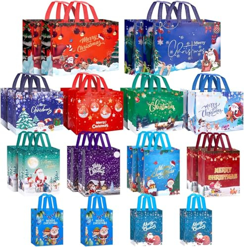 24 Pack Christmas Bags Assorted Sizes, Reusable Includes 4 Extra Large 17,8 Large 13,8 Medium 10,4 Small 8 Non-Woven Christmas Bags for Xmas Party Supplies