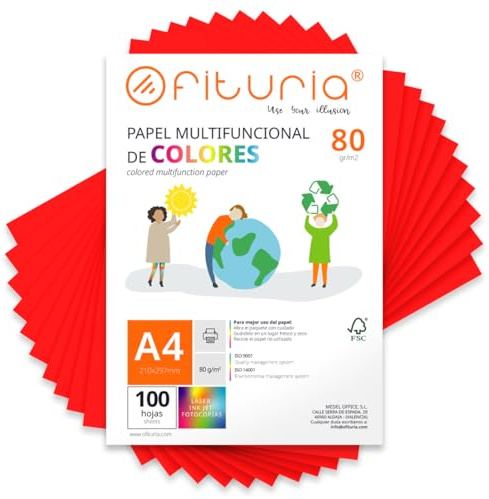OFITURIA Folios de Colores A4 80gr, Pack 100 Hojas – Papel Rojo para Manualidades, Impresora y Scrapbooking – Folios A4 Colores – Ideal Origami, Oficina y Escuela (Rojo)