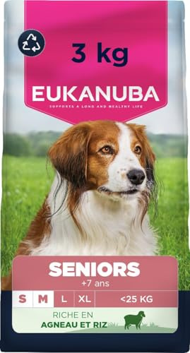 EUKANUBA Life Care Croquettes Chien Senior Petite Moyenne Races, Riche en Agneau & Riz, Glucosamine, Oméga 3&6, FOS, sans colorants, arômes artificiels ni OGM – 3 kg