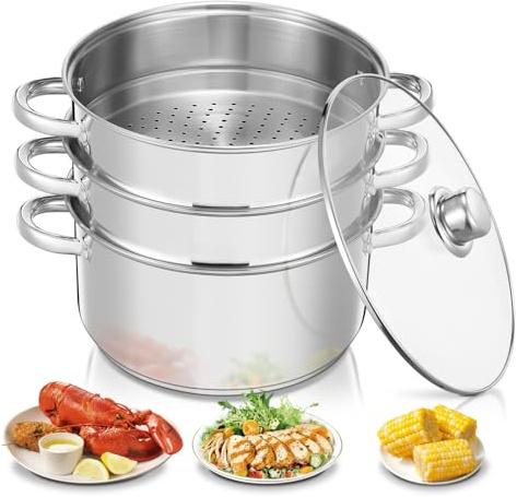 Dampftopf Edelstahl, 26cm Dampfgarer, Kochtopf (3‑in‑1), mit Glasdeckel, Dampfkocher für alle Herdarten, auch Induktion, Silber