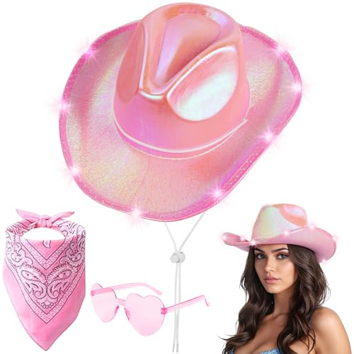 Aomig Chapeau de Cowboy Western Lumineux avec Bord LED Clignotant- Déguisement pour Adultes avec Lunettes de Soleil et Bandana - Accessoires de Costume pour Halloween et Carnaval(Rose)