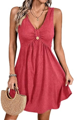ROFUSSO Abiti Estivi da Donna 2026 Abito Senza Maniche con Scollo a V Abito Casual A-Line Canotta Mini Abiti da Spiaggia(Rosso,S)