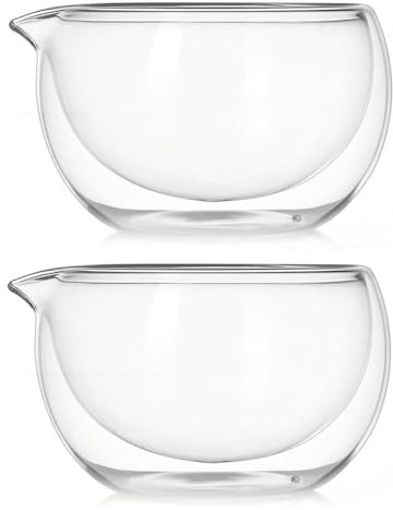 EdirFtra 2-pack dubbla väggglas-skålar, glas-matchaskål med hällpip, japansk vispningsskål, glasblandningsskålar set, glasskålar med pip,350+500ml