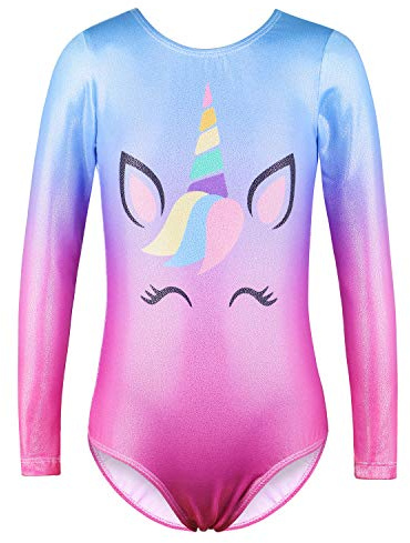 Body da ginnastica per ragazze, a maniche lunghe, con motivo cartone animato, luccicante, per atletica, balletto, danza, per bambini, B218_blu-viola 6A
