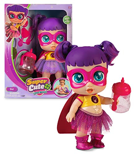 SUPER CUTE LITTLE BABIES - Muñecas Glitzy Cool Sisi, Muñeca Superheroína bebé con biberón, Ropa Reversible y Accesorios, muñeca interactiva con luz y Sonidos, niñas y niños 3 años, Famosa (UPU02200)