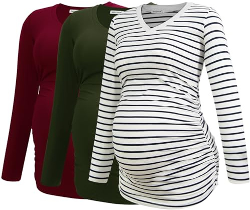 Smallshow Damen V-Ausschnitt Umstandsshirt Kleidung Langarm Geraffte Schwangerschaft Top, Armeegrün-wein-weiß gestreift (3 Stück), XX-Large