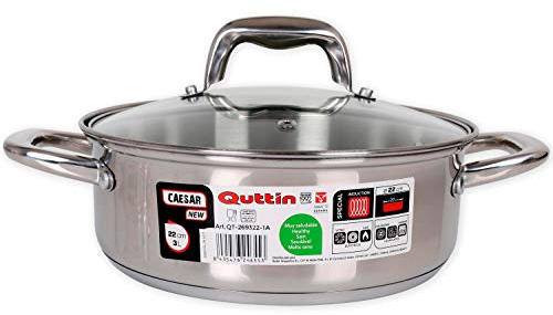 Quttin | Cacerola Profesional New Caesar de Inducción para Cocina y Horno | Cacerola Grande de Acero Inoxidable Antiadherente con Tapa de Cristal y Asas 22 cm/3 L | Apta para Todo Tipo de Cocinas