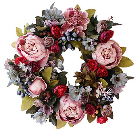 Yeenee Door Wreath, Artificial Flower Front Door Wreaths for All Seasons, for Indoor Outdoor Bedroom Living Room Window Wall Garden Wedding Party Festival Decor (Peony-Vintage Style, 35cm)