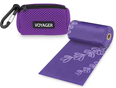 Best Pet Supplies Dog Poop Bag Holder Leash Attachment with 15 Bags, Purple, Reusable Mesh Dispenser Pouch for Travel, Walking, Park, and Outdoor Use, Soft and Durable with Clip-On