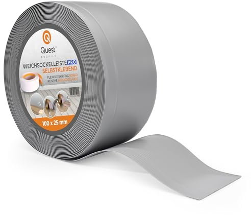 Quest Mjuk Golvlist, Mjuk Sockellist utan tejp – 100 mm x 25 mm – avslutningslist, bred böjbar list – för väggar, golv – PVC, flexibel, vattentät, dekorativ. (Grå, 5m)