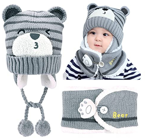 GLAITC Gorro de Punto 46-50cm Beanie Hat con Sciarpa Caldo e Confortevole Caliente Gorro Invierno Sombrero Conjunto de Gorro, para Niño Niña Bebé Regali di Natale, Halloween e Compleanno 6-24 Meses