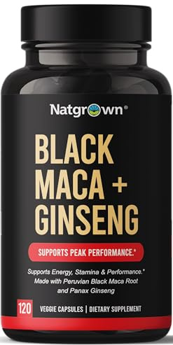 Natgrown Black Maca Root + Panax Ginseng Powder Capsules 1500 mg with Black Peruvian Maca Root & Korean Panax Ginseng Supplement for Men and Women - Vegan Pills (120 Count)