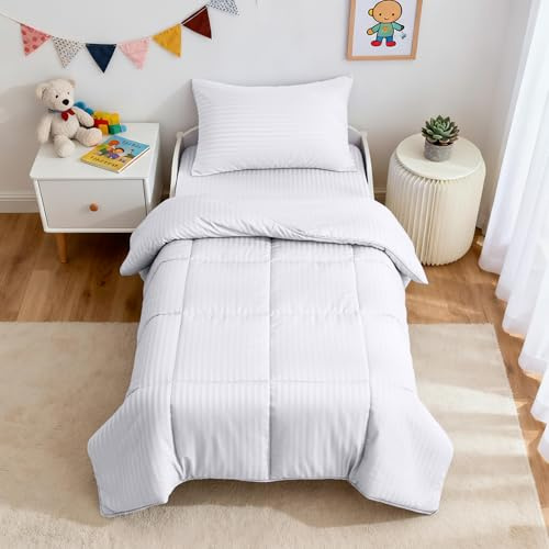 ZPECC Toddler Bedding Set - 4 Piece Hypoallergenic Baby Crib Bedding Set for Boys and Girls, Includes Toddler Comforter, Flat Sheet, Fitted Sheet and Pillowcase, White Stripe