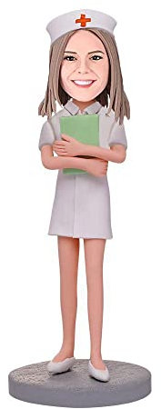 mydedor Figurine personnalisée à tête branlante d'infirmière féminine en Uniforme Blanc, Cadeau sculpté à la Main pour Femmes