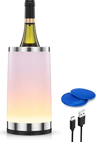 Elrigs Refrigeratore per vino con lampada touch RGB ricaricabile, refrigeratore per bottiglie con 2 cuscinetti refrigeranti per 750 ml, ideale come regalo di vino per donne e uomini, accessorio per