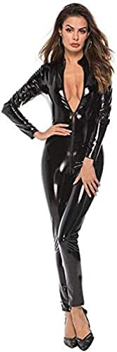 Women Patent Leather Bodysuit Sexy Clubwear Bodysuit Adult Cosplay Costumes Motorcycle Dancewear,Black,Small