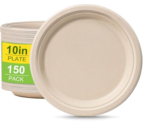 greensight Lot de 150 grandes assiettes en carton rigides jetables marron de 25,4 cm - Respectueux de l'environnement - En canne à sucre - Robustes et compostables - Pour fête, barbecue