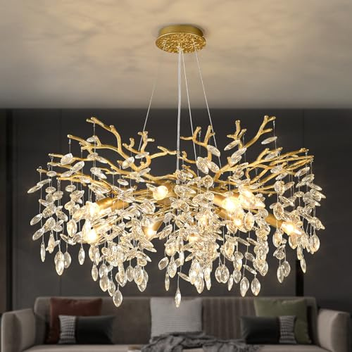 EGM Gold Tree Branch Crystal Chandelier, 32 Inch Modern Raindrop Crystal Ceiling Light Fixtures 10-Light(E12), Hanging Round Chandeliers for Dining Room Living Room Bedroom Foyer