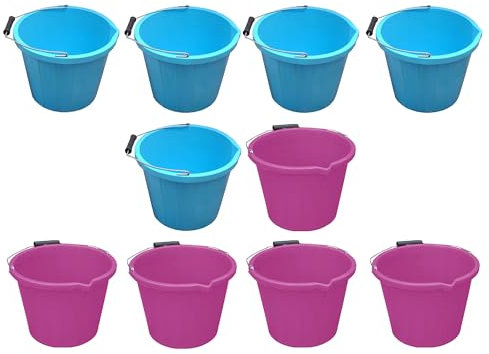 M1SS Set of 10- Heavy Duty Plastic Builders Bucket 3 Gallon 14 Litre Water Mixing Storage Measuring Guide, Ideal for Builders, Car Washes, Bathroom, Home & Garden MADE IN UK Pink, Sky Blue [5 Each]