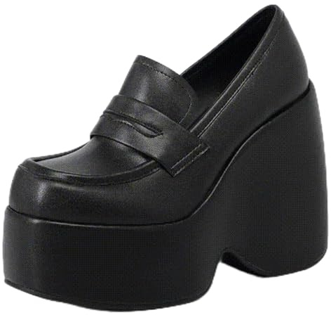Grosses pompes compensées à plateforme pour femme - Chaussures à enfiler - Gothique Punk Lolita Mary Janes - Chaussures à talons hauts - Mocassins pour femme - Chaussures de fête décontractées, Noir