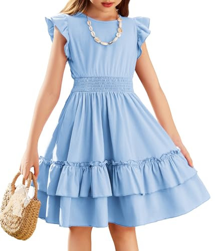 Arshiner Girls Dresses Flutter Sleeve Kids Summer Cotton Casual A-Line Dress Girdle Tiered Swing Festive Dress for Girls 11-12 Years Light Blue
