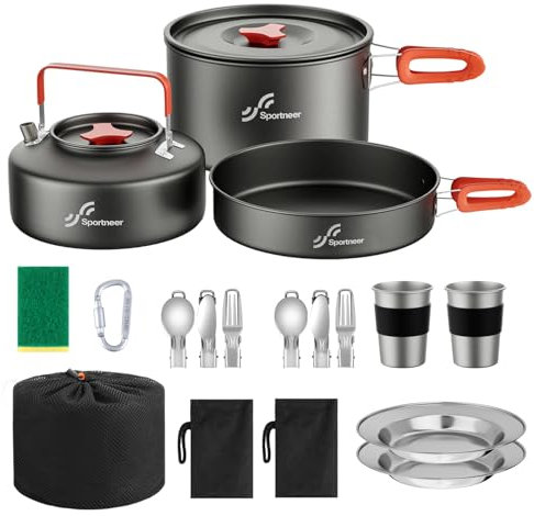 Camping Kochgeschirr Camping Geschirr Set 2 Personen Camping Topf Pfanne Set Und Wasserkocher Mit Tassen Teller Messer LöFfel Gabeln, Camping Besteckset Für Outdoor Picknick Wandern