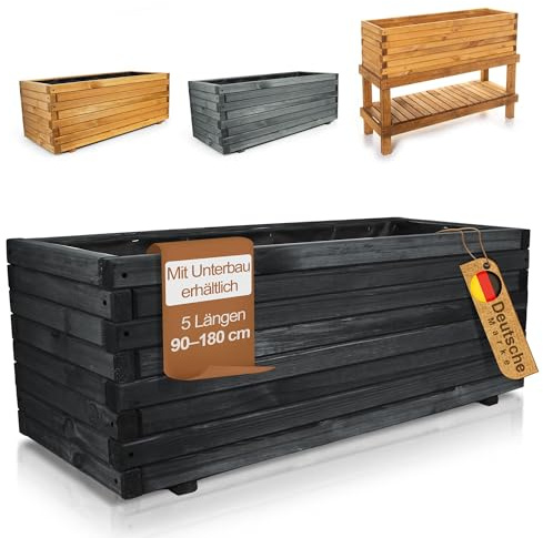 BooGardi Pflanzkübel groß außen & innen mit Vlies · Pflanzkasten rechteckig in 10 Größen · 120 cm lang schwarz · Hochbeet Holz für Garten, Balkon & Terrasse · Blumenkasten XXL