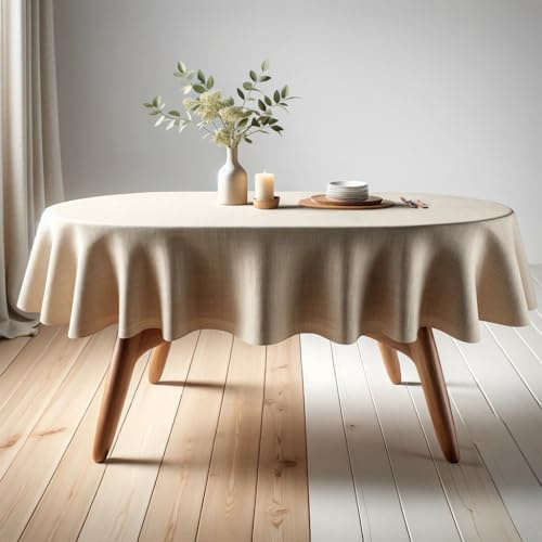 SANLEHAUSE Mantel Ovalado Lavable, Mantel Beige 155x240cm de Lino, Aspecto de Lino, de Fácil Cuidado, Perforado a Mano, para Sala de Estar, Comedor, Balcón y Jardín.