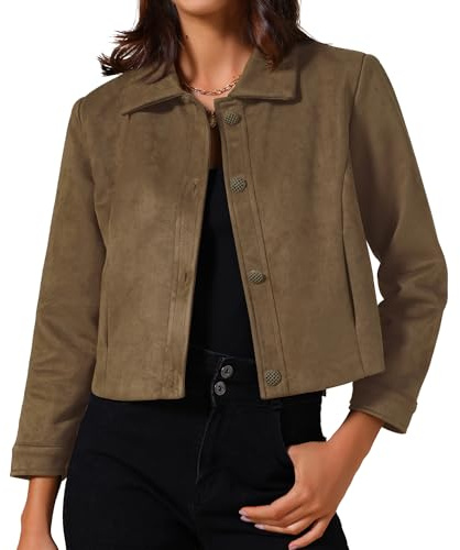 Allegra K Veste Courte Femme en Faux Daim Blouson en Faux Suède Boutonnée à Manches Longues et Col Revers Style Vintage Costume de Noël Marron M