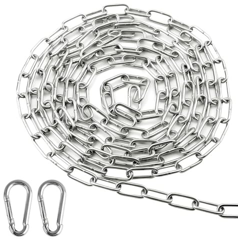 Cadena de extensión para sillón colgante de 1,5 m, cadena de acero inoxidable, cadena de acero inoxidable de 3 mm, con 2 mosquetones, cadena de eslabones de acero redondo para colgar, cadena de ancla