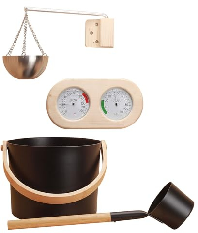 Praktisches Sauna-Zubehör - Saunaversorgungsset, Bucket Set mit Schöpfkelle | Holzeimer Set mit kompletter Sauna, Saunazubehör für Zuhause drinnen und draußen Saunasenkelle Hygrometer langlebig