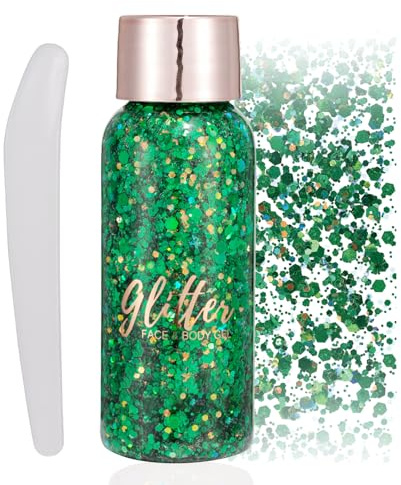 Gel Pailleté Visage et Corps 50ml,Paillettes Festival Longue Tenue pour Maquillage Carnaval,Fête,Soirée,Gel à Paillettes Mermaid pour Cheveux, Lèvres,Yeux,Peau,Vert
