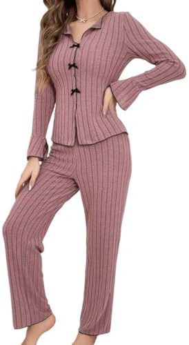 Fjquamitix Women's Long-Sleeve Pyjama Set, Soft and Breathable Women's Pyjamas Set with Adjustable Waist, Front Button Closure,Women's Casual Loungewear (UK, Alpha, L, Regular, Regular, Lotus Pink)