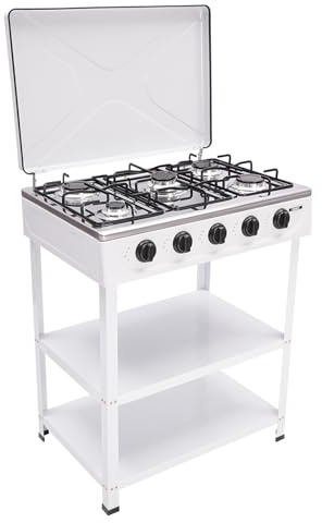 OUKANING Cuisinière à gaz, 5 flammes, 2,5 kW par brûleur, autonome, avec boutons rotatifs, couvercle et pieds antidérapants, pour l'extérieur, le camping, le camping-car (blanc)