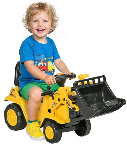 HOMCOM Tractor a Pedales para Niños de 18 a 48 Meses, Excavadora para Niños con Pala Delantera, Bocina, Volante y Compartimento Oculto bajo el Asiento, Carga 30 kg, 80x26,5x39 cm, Amarillo