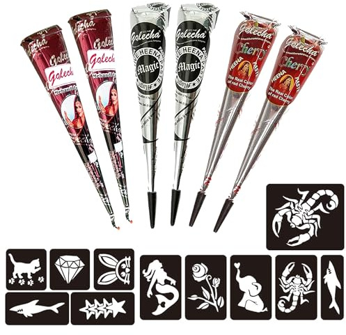Naturic 6x Henna Tattoo, Temporäre Tattoo 11x Henna Tattoo Schablone, Temporäre Mehndi Tattoos, Natürliche Kegel, Tattoo sticker, Temporäre Tätowierung Rotbraun, Cherry Rot, Schwarz