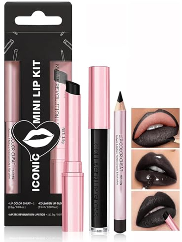 Set Da 3 Pezzi Rossetto Liquido Nero Opaco E Matita Labbra - Set Gloss Labbra Nero E Matita Labbra, Rossetto Cremoso Nutritivo E A Lunga Tenuta Per Trucco Quotidiano E Feste