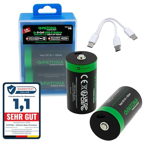 PATONA 4x Premium batterie LR20 Mono D USB-C 6.0Wh 1.5V Battery ricaricabili, cavo di ricarica USB-C 1-a-2, oltre 1.000 cicli di carica, per fotocamere, telecomandi, torce e altro
