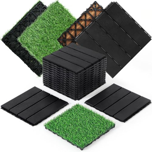 Treela 48 Pcs 12x12 Plastic Interlocking Deck Tiles and Artificial Grass Tiles Waterproof Patio Balcony Flooring Covers 46.5 Sq. ft for Balcony Patio Deck Flooring Decor