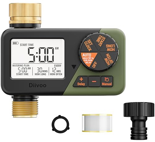Diivoo Ottone Centralina Irrigazione, IP66 Timer Irrigazione con Ampio Display LCD, Ritardo Pioggia e Irrigazione Manuale, Temporizzatore Irrigazione per Giardini, Prati e Patii