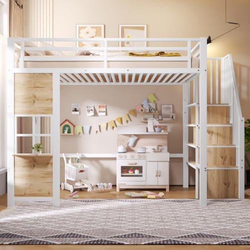 Demivor Lit Mezzanine Métal 140x200 cm, avec Barrière de Sécurité, Escalier avec Rangements, Gain de Place pour Chambre d’Adolescent, Beige