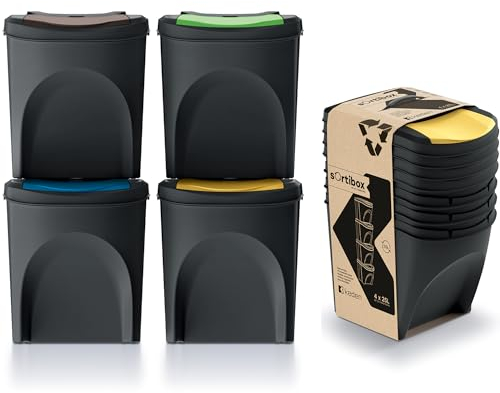 Sortibox Kitchen Rubbish Bins (80 Litres, 4 x 20 Litres) Waste Paper Bin Container Rubbish Separator Collector Organic Waste Bathroom Bin Set of 4, charcoal, 39,2 x 29,3 x 33,5 cm