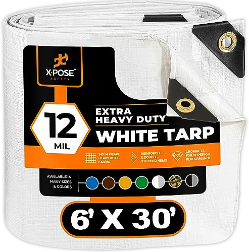 Xpose Safety Heavy Duty White Poly Tarp 6' x 30' Multipurpose Protective Cover - Durable, Waterproof, Weather Proof, Rip and Tear Resistant - Extra Thick 12 Mil Polyethylene - by